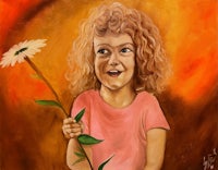 a painting of a little girl holding a flower
