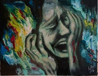 a painting of a woman with her hands on her face